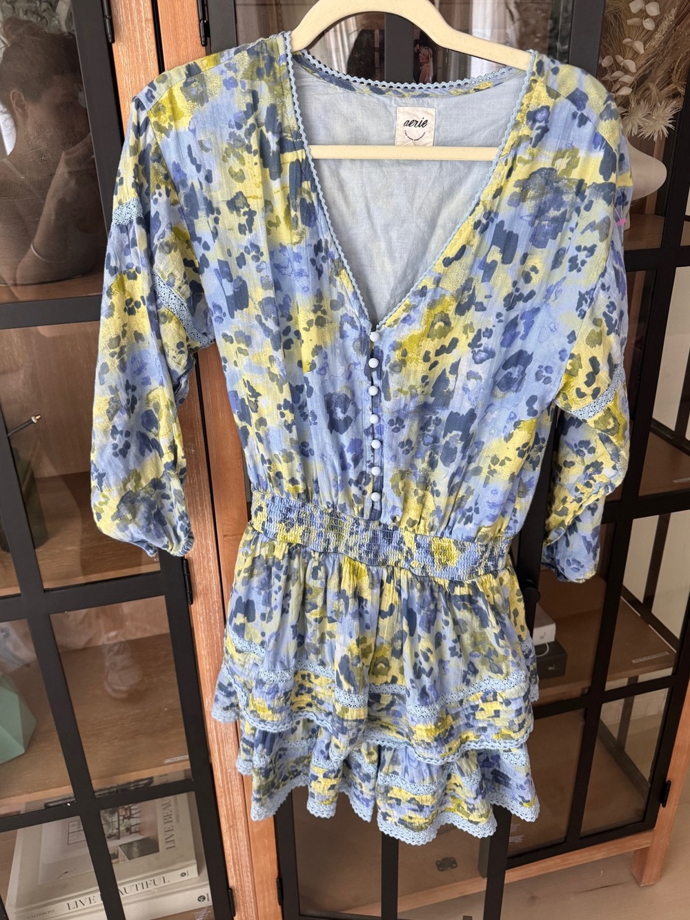 Aerie Rock 'n' Ruffle Abstract Floral Mini Dress tiered long sleeve lace LSF